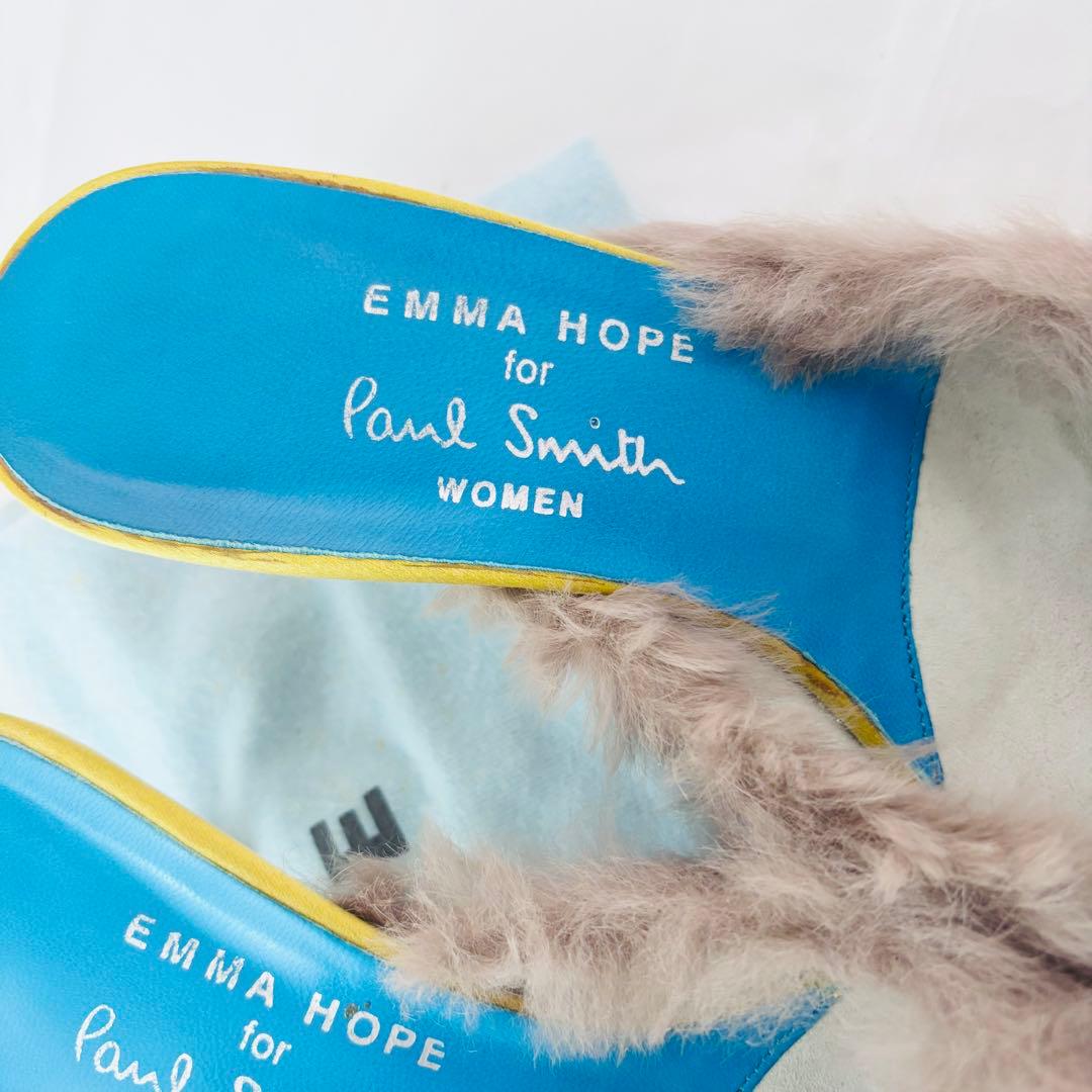 ポールスミス×エマホープ コラボ ミュール 37 刺繍 ファー サテン イエロー