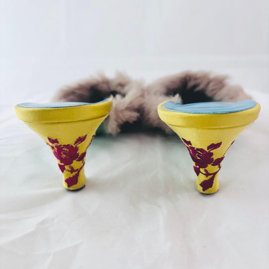 ポールスミス×エマホープ コラボ ミュール 37 刺繍 ファー サテン イエロー