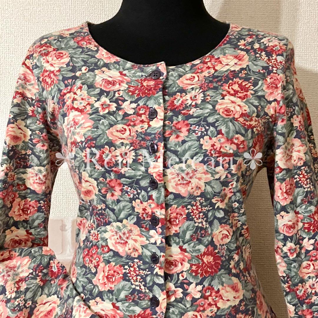 Laura Ashley ネイビーベース 薔薇柄 コットンニットソーワンピース