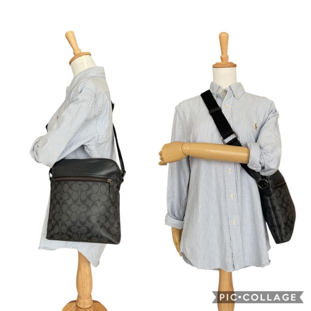 美品 コーチ ショルダーバッグ シグネチャー ブラック グレー　PVC