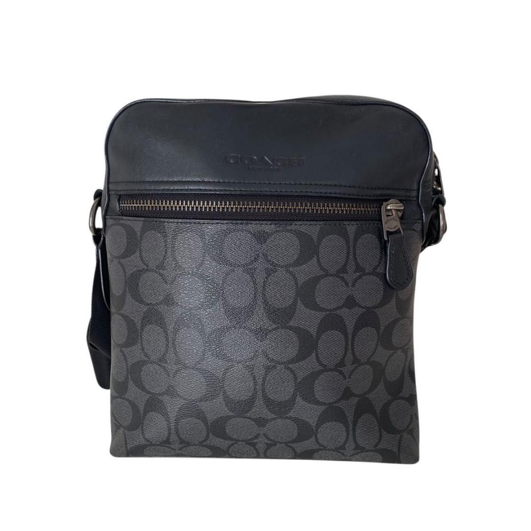 美品 コーチ ショルダーバッグ シグネチャー ブラック グレー　PVC