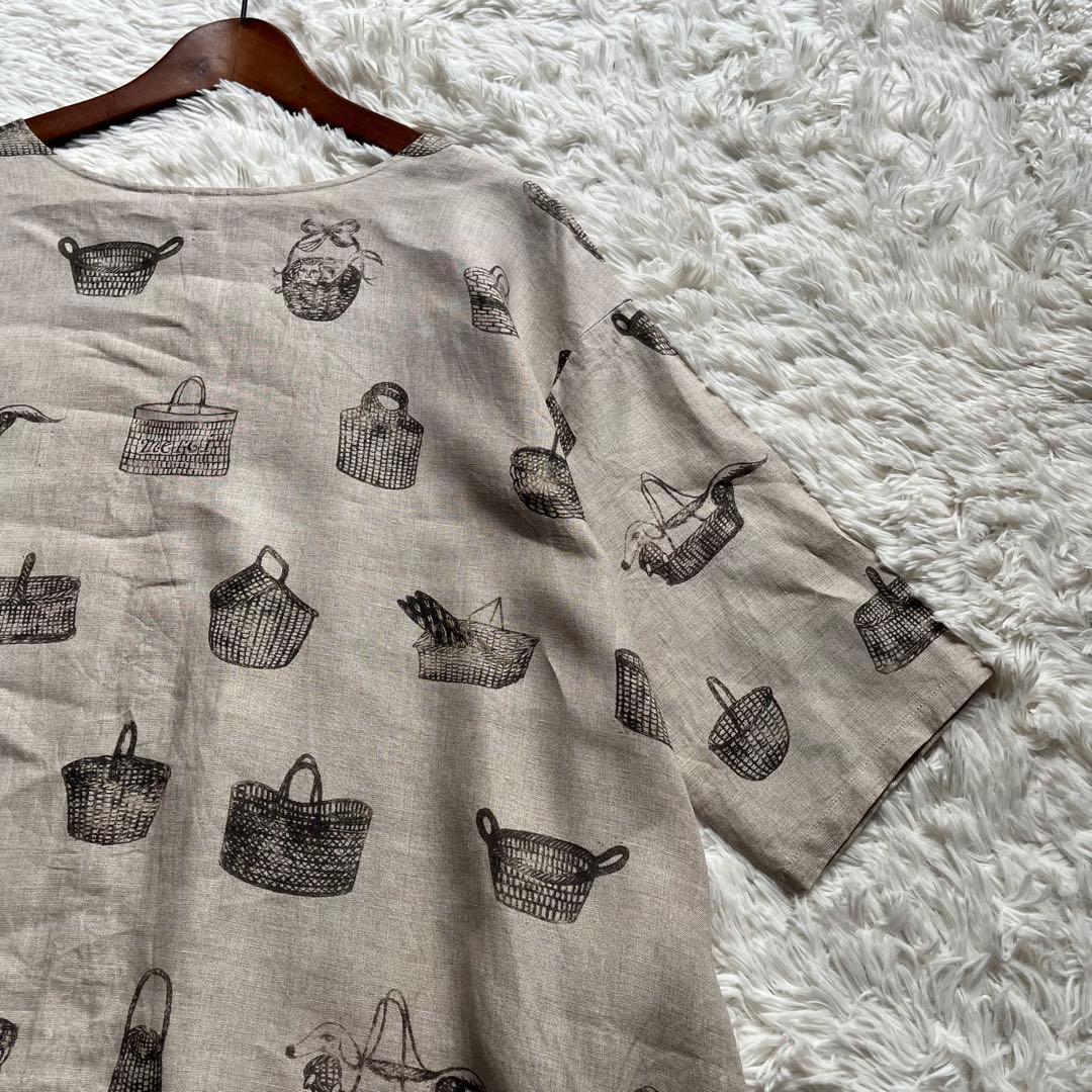 【美品】ビアズリー ロングワンピース リネン 総柄 フレア ナチュラル