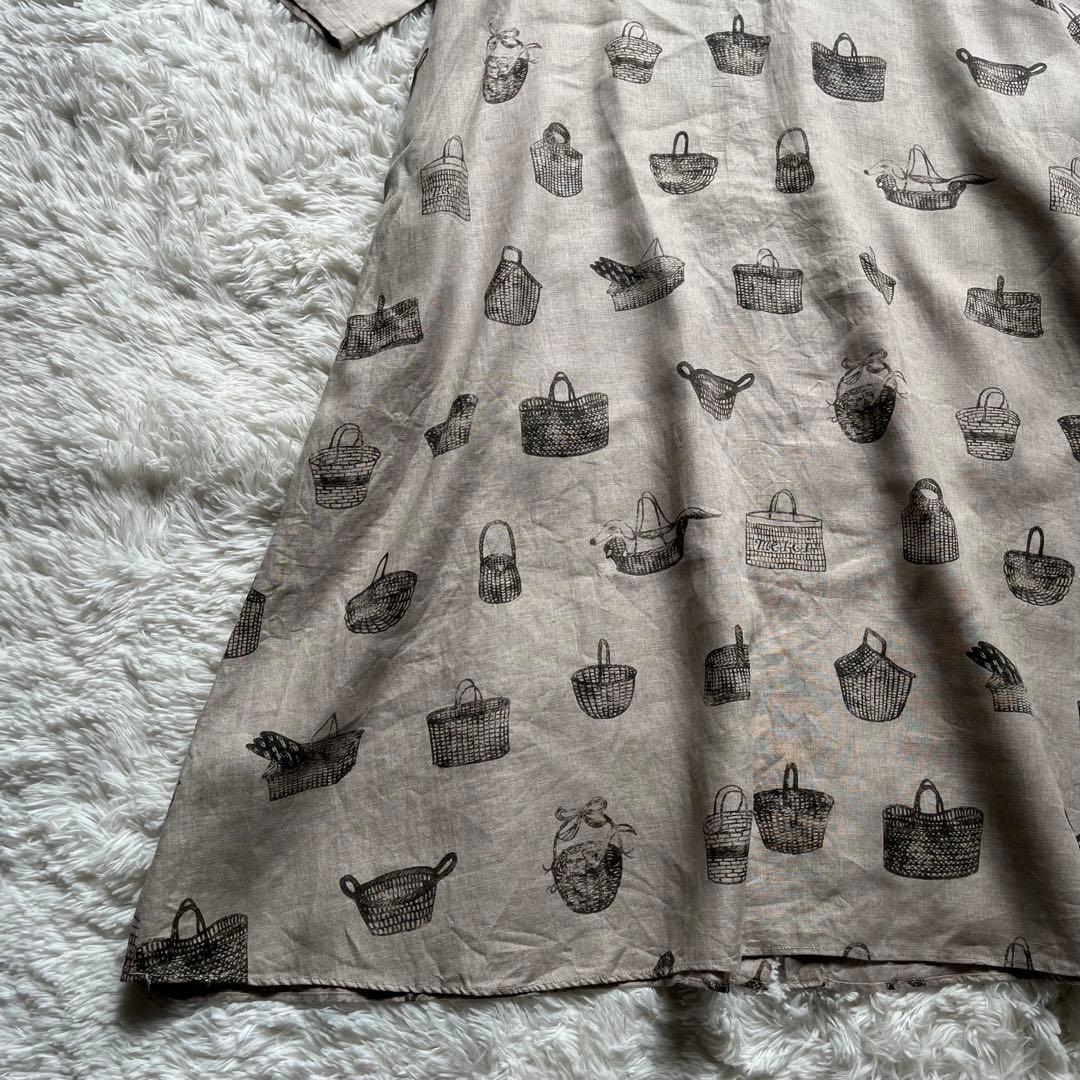 【美品】ビアズリー ロングワンピース リネン 総柄 フレア ナチュラル