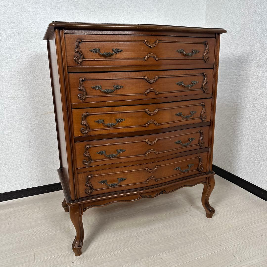 イタリア製 チェスト 5段5杯 ロココ調 彫刻 レリーフ 金属取手 猫脚 i4※