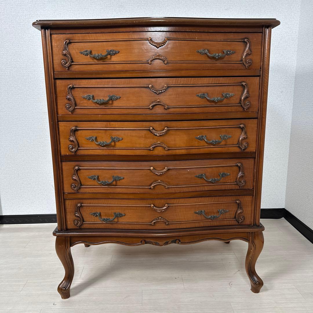 イタリア製 チェスト 5段5杯 ロココ調 彫刻 レリーフ 金属取手 猫脚 i4※