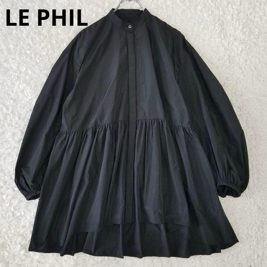 美品✨ルフィル ライトタフタギャザーブラウス バンドカラー シャツ ブラック