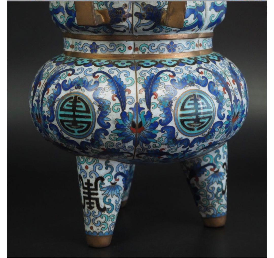 送料無料　時代唐物 龍鳳摘み大型七宝香炉 台付き高36cm 中国古玩