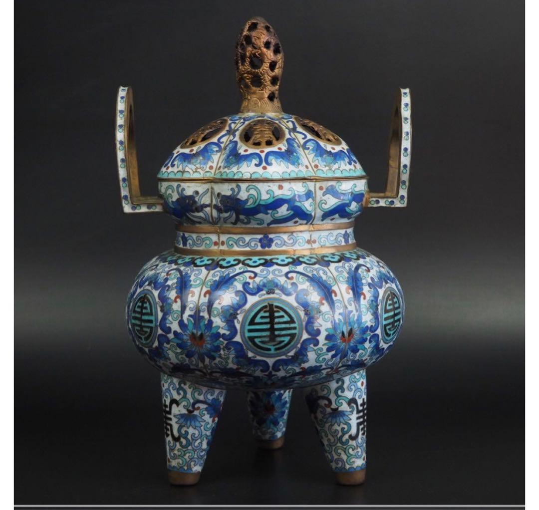 送料無料　時代唐物 龍鳳摘み大型七宝香炉 台付き高36cm 中国古玩