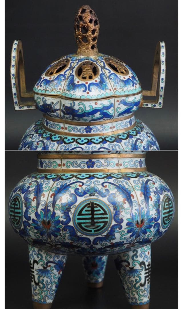 送料無料　時代唐物 龍鳳摘み大型七宝香炉 台付き高36cm 中国古玩