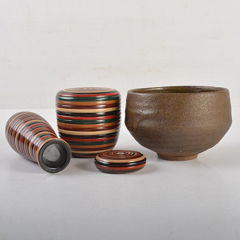 茶道具　漆塗　春慶塗茶箱　洞華作　茶碗　香合など　七点　一式　仕覆付　C6457