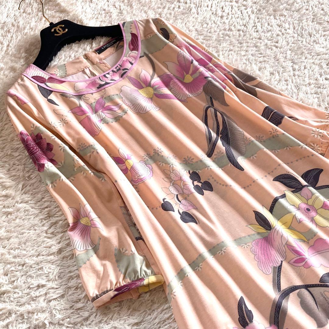 【極美品】レオナール ボタニカルワンピース フラワートリム 花柄 Aライン