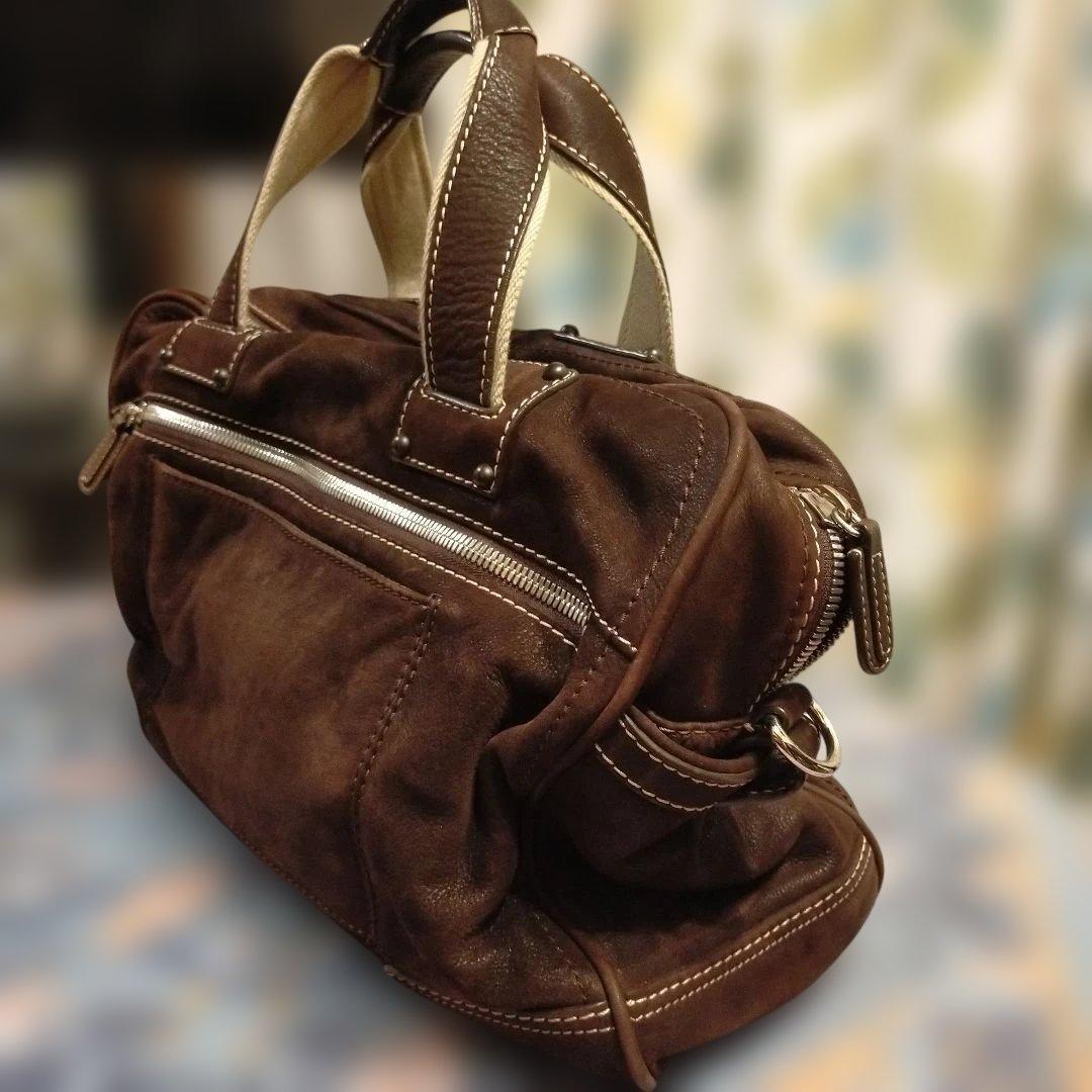 ロエベ　ダークブラウン レザー ボストンバッグ