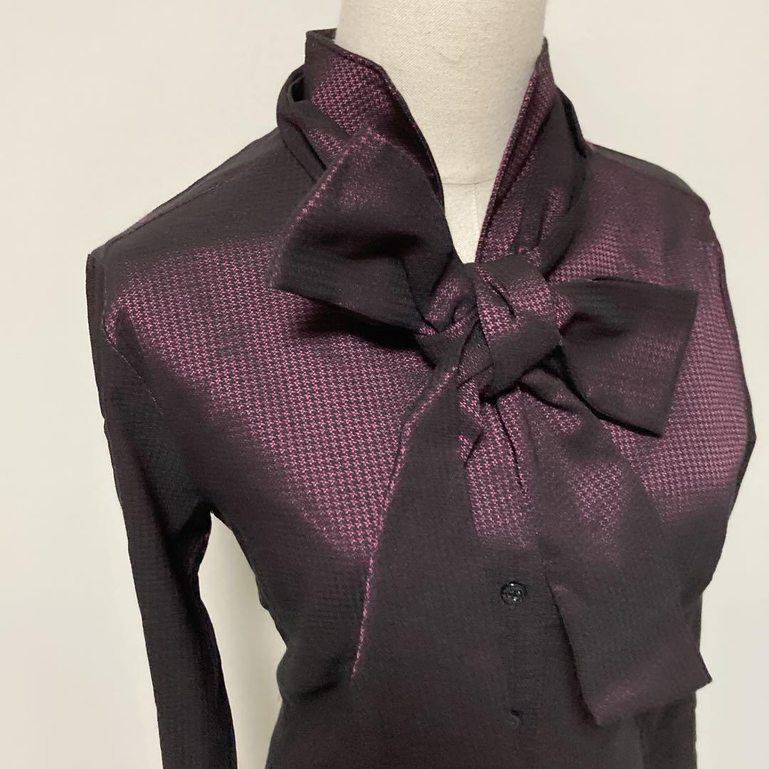 【未使用タグ付き】ナラカミーチェ　パープル　光沢　ボウタイリボンブラウス　長袖