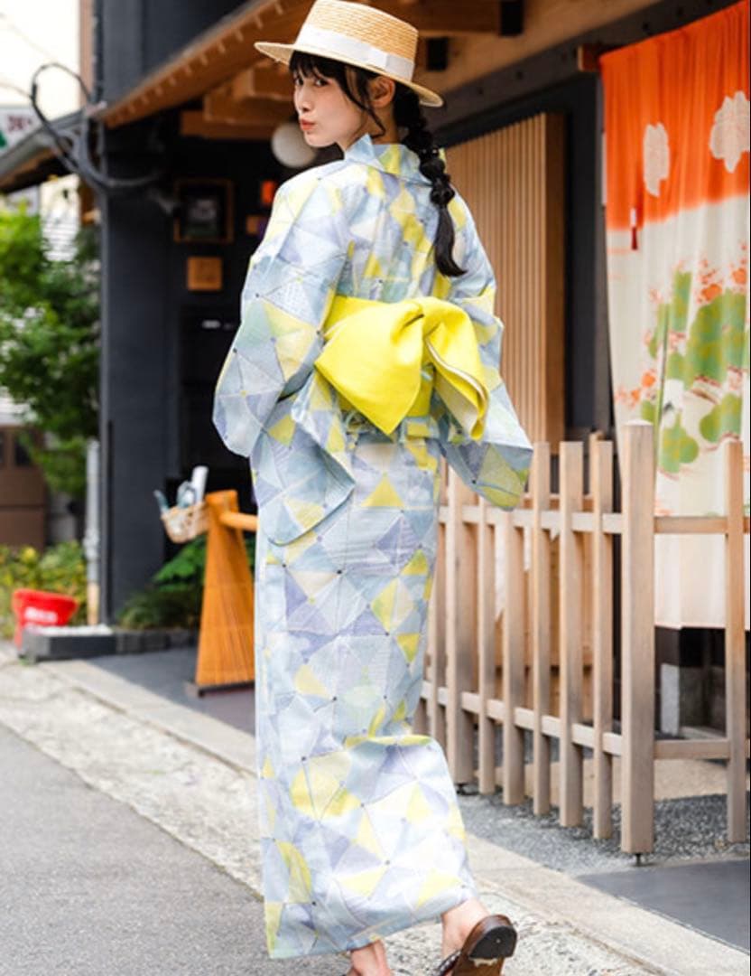 【美品】浴衣　みすずうた　単品　紙ふうせん　水色　黄　黄緑　みすゞうた