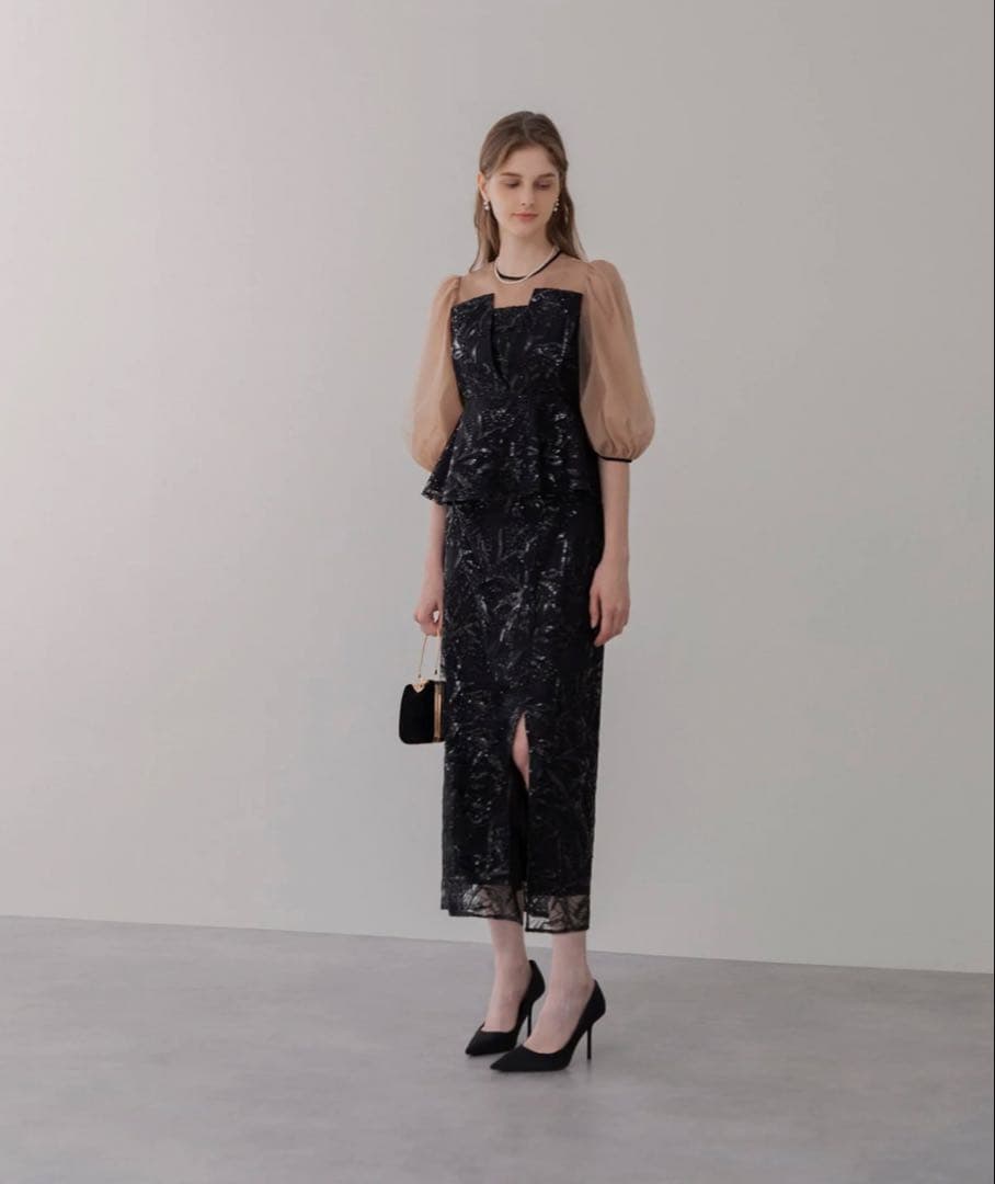 シアーパフスリーブペプラムスパンコール花柄セットアップドレス結婚式パーティー