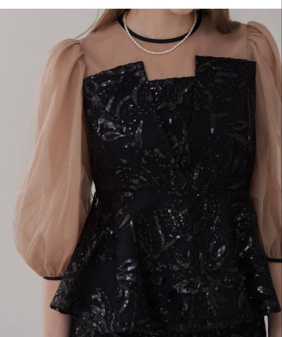 シアーパフスリーブペプラムスパンコール花柄セットアップドレス結婚式パーティー