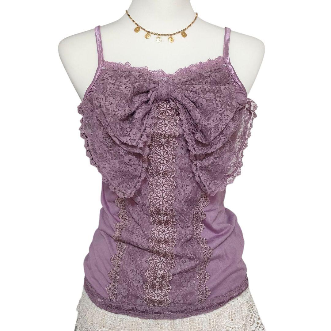 パープル ビッグリボン付きキャミソール レース