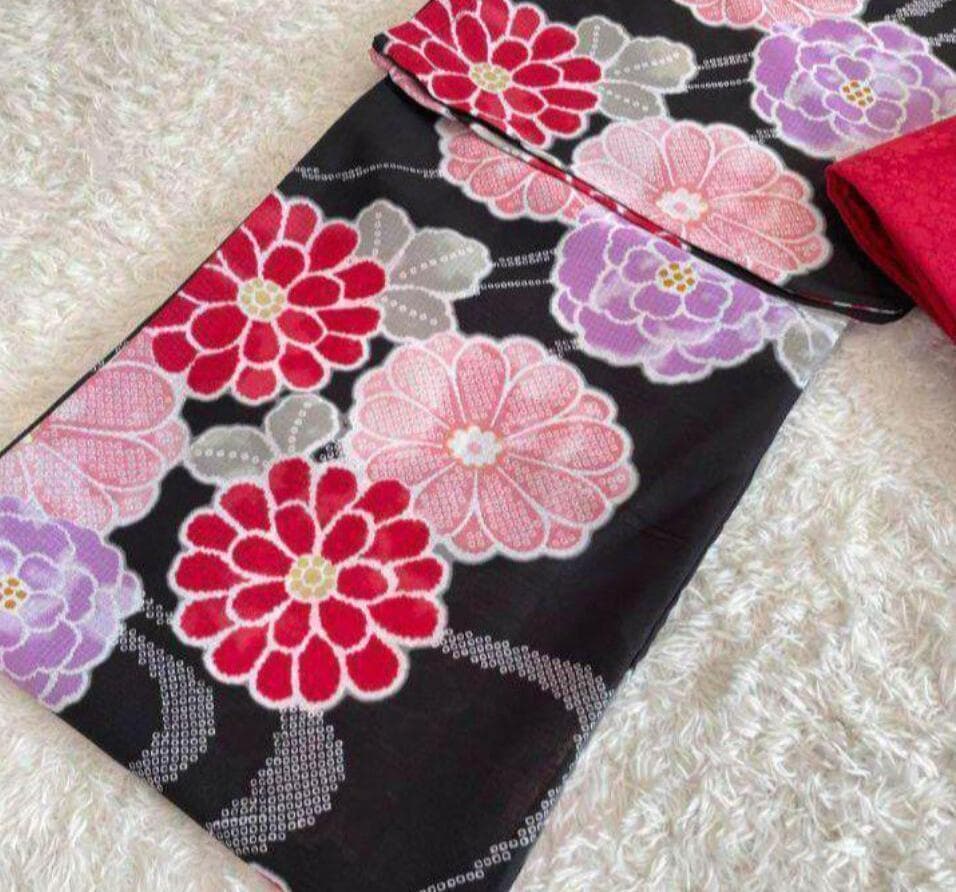 コメント リンク先の作り帯 付き◆◆ノーしわ◆変わり織り菊古典絞り風黒浴衣◆