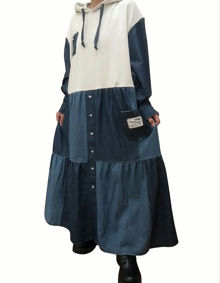 古着リメイクワンピ　ゆったりパーカーとデニムリメイクパッチワークワンピ