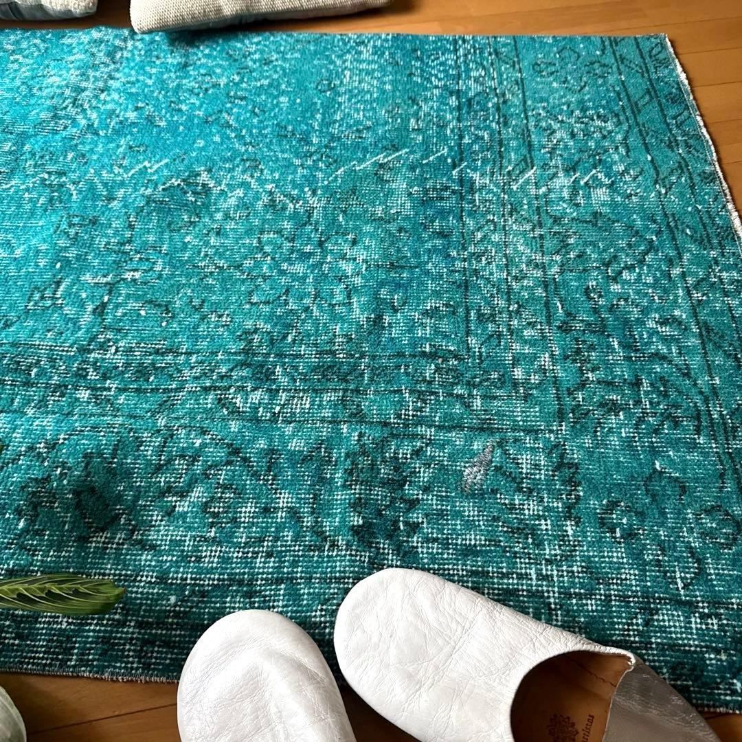 84×152ブルーグリーン　ボタニカルオーバーダイ　トルコヴィンテージラグ