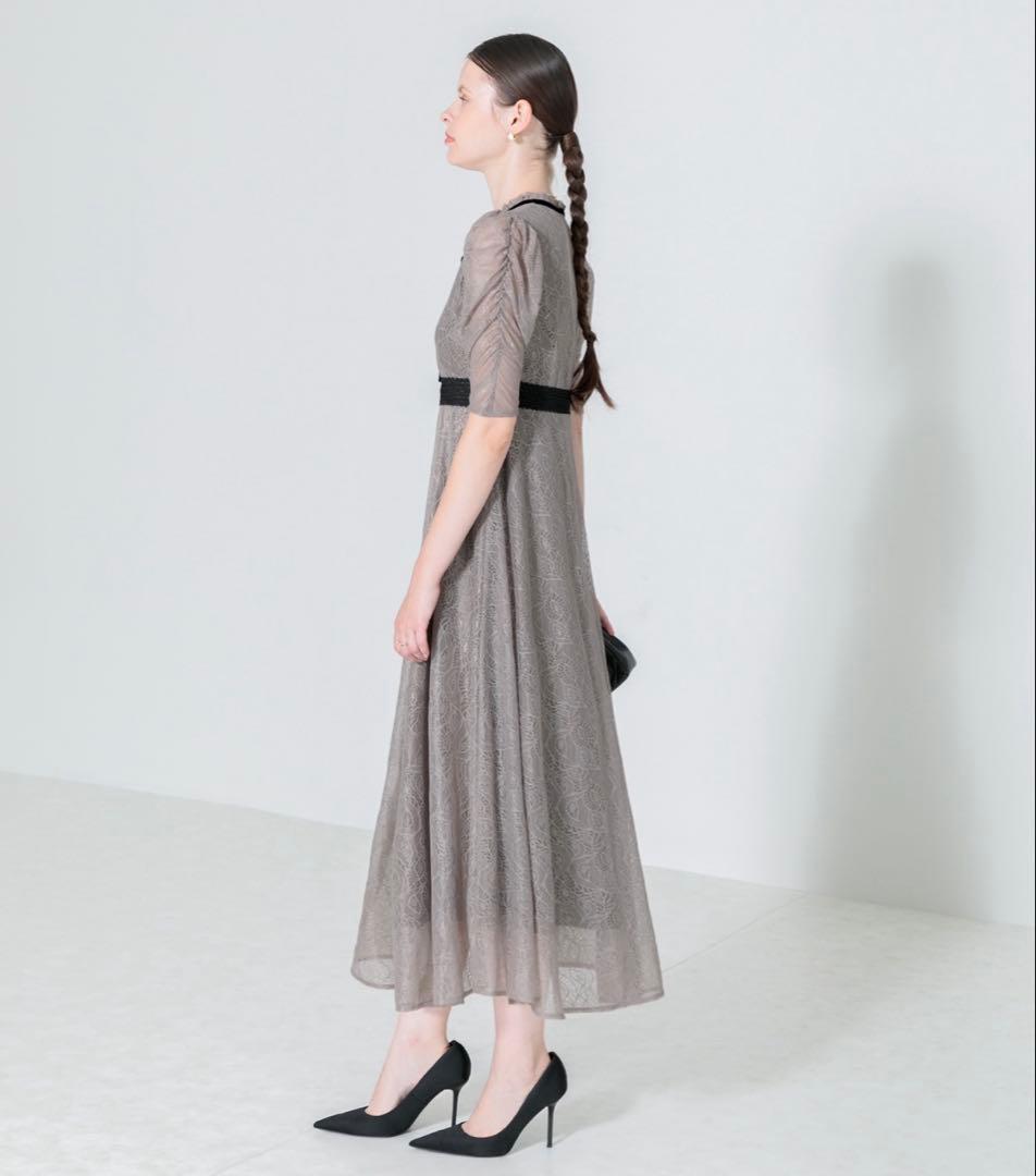 【LEJA】ウエストマークパフスリーブ総レースロングドレスワンピースS