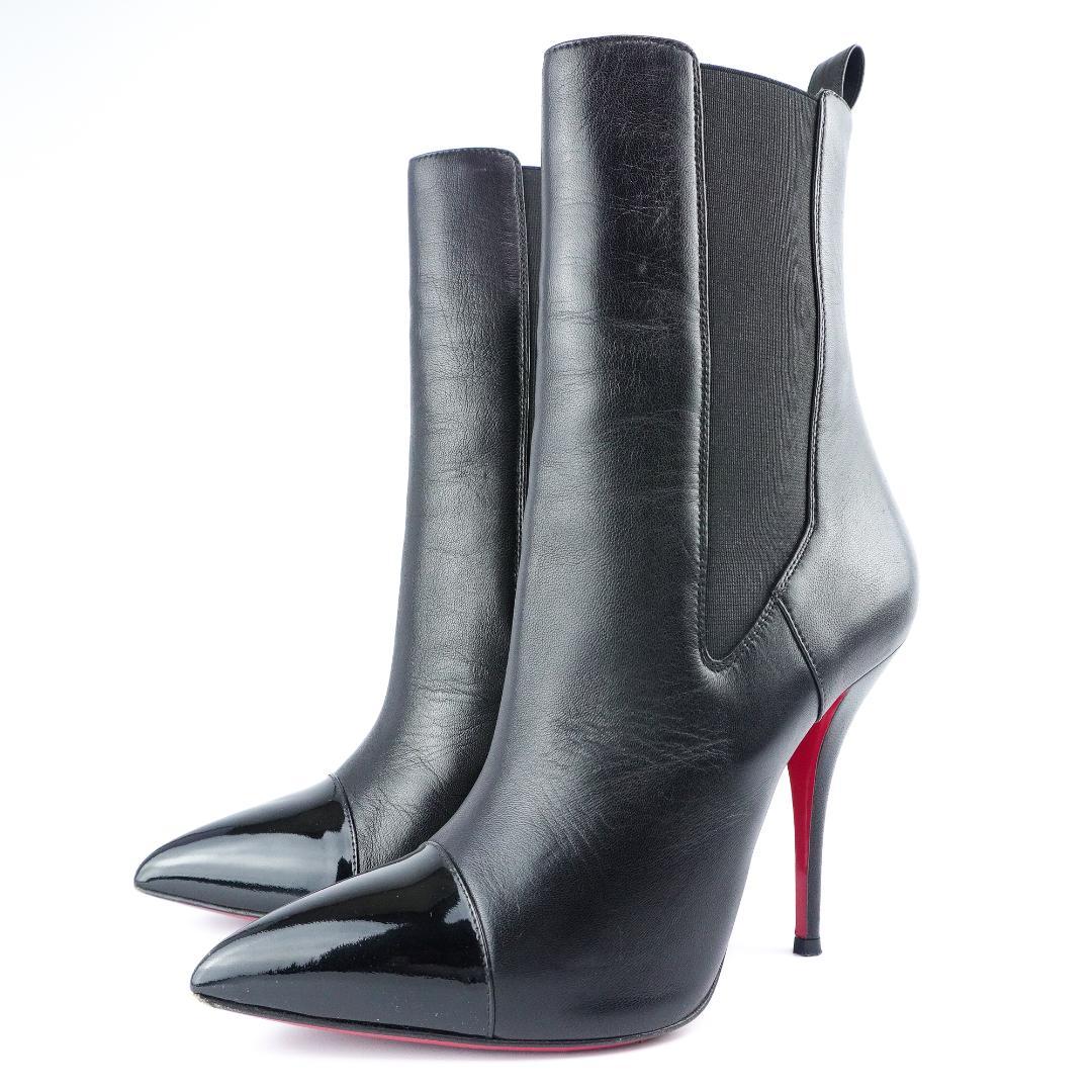 24.5cm ルブタン黒レザーポインテッドトゥブーティ バレンタインデー最適