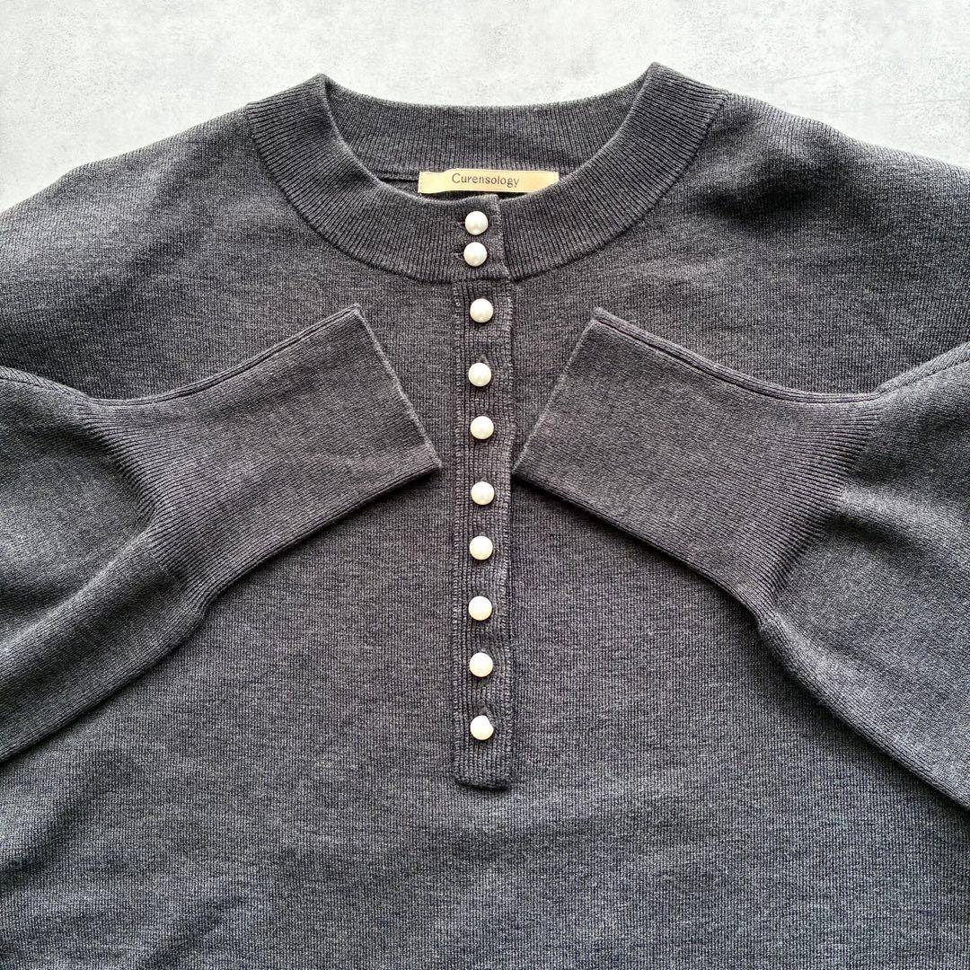 美品 カレンソロジー パールフロントニットワンピース ロング グレー