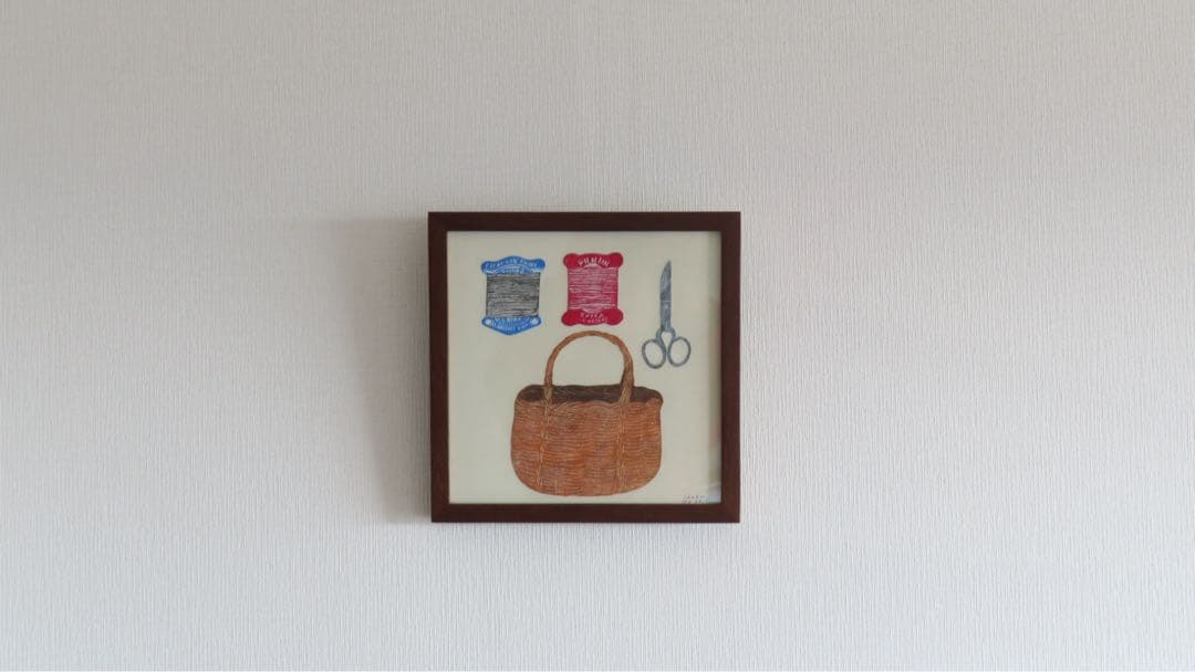 西淑 原画 2015 サイン入り かごと裁縫道具 額装 絵画