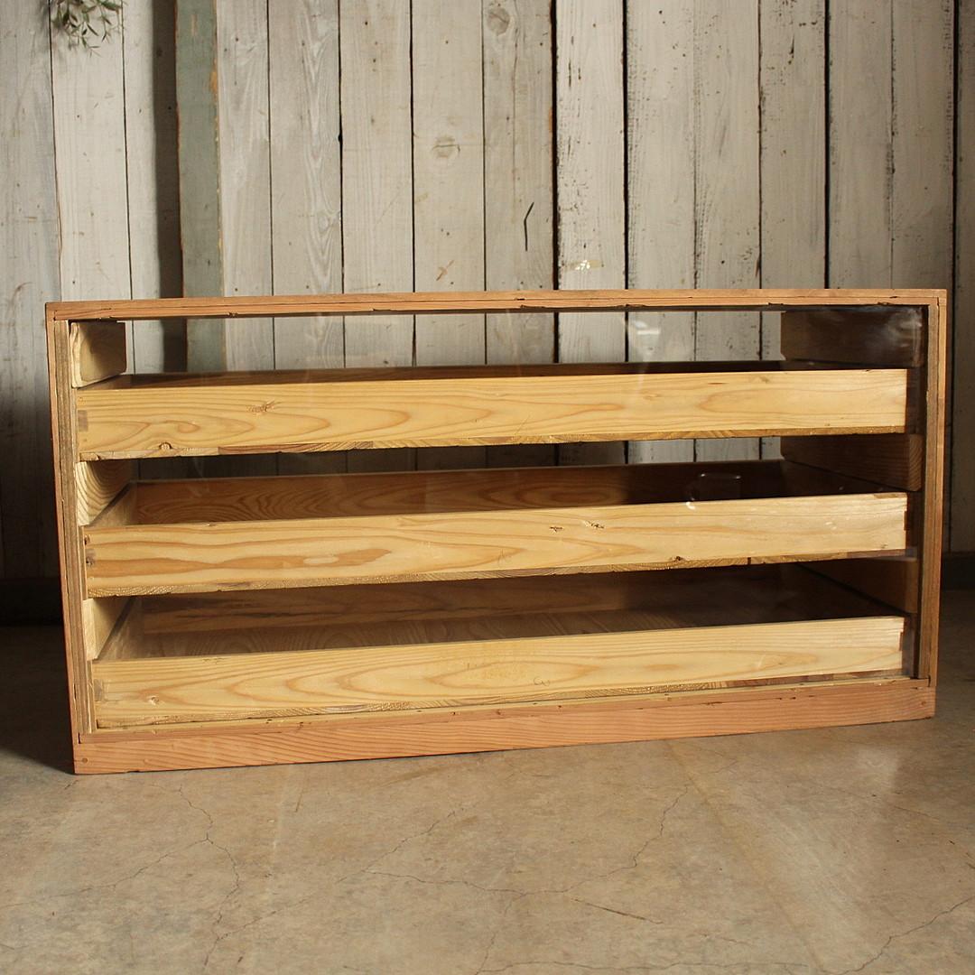 木製引き出し3段×ガラスケース　ガラスケース　食器棚　シャツケース　収納　古家具