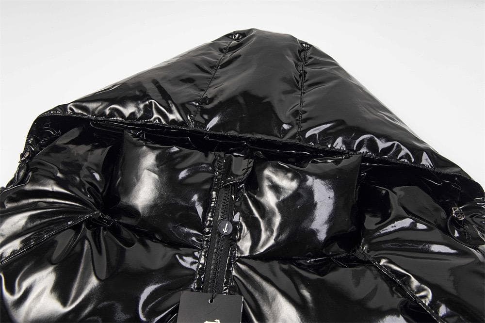 光沢黒フード付きダウンジャケット S