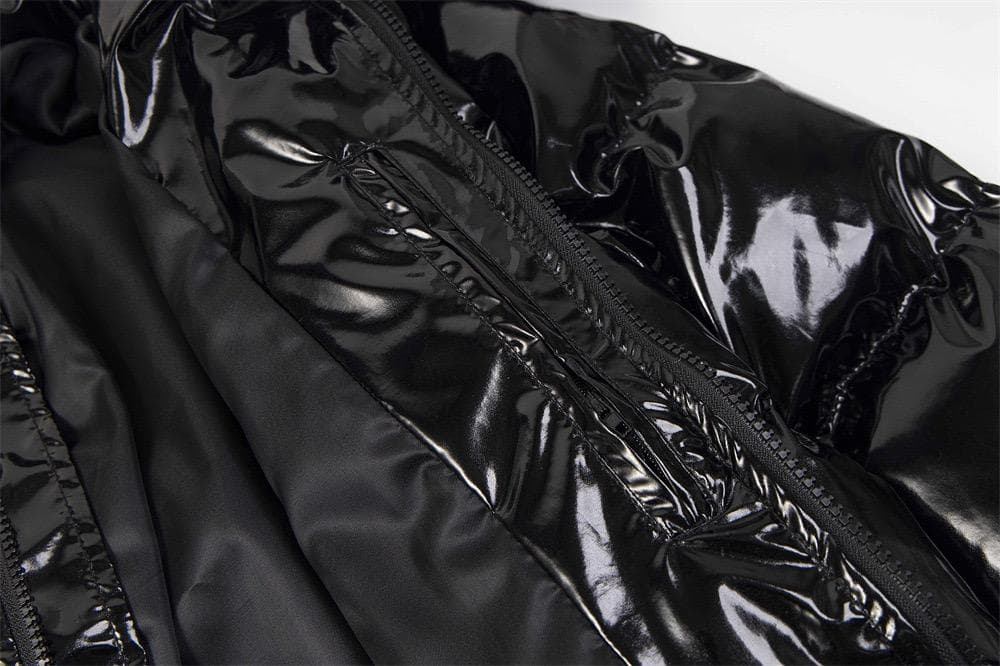 光沢黒フード付きダウンジャケット S