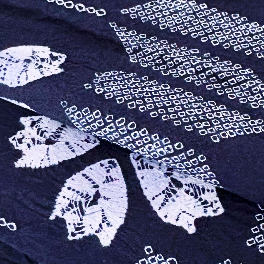 新品　しつけぬい付き　手縫　有松絞り　茄子紺色　桜　矢絣　綿　古典柄　浴衣単品