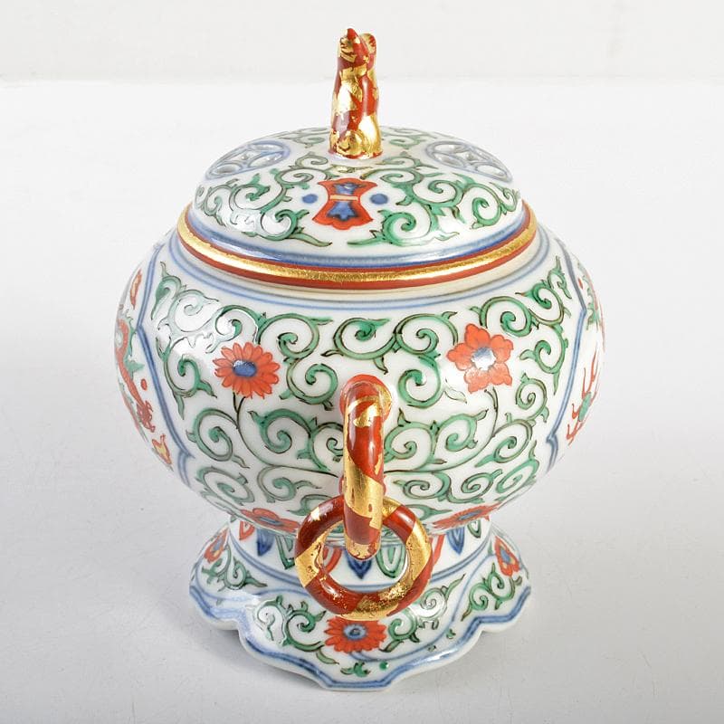 篩月庵　三浦竹泉造　赤絵金彩　花唐草龍文　双耳遊環香炉　共布共箱　J　R7438