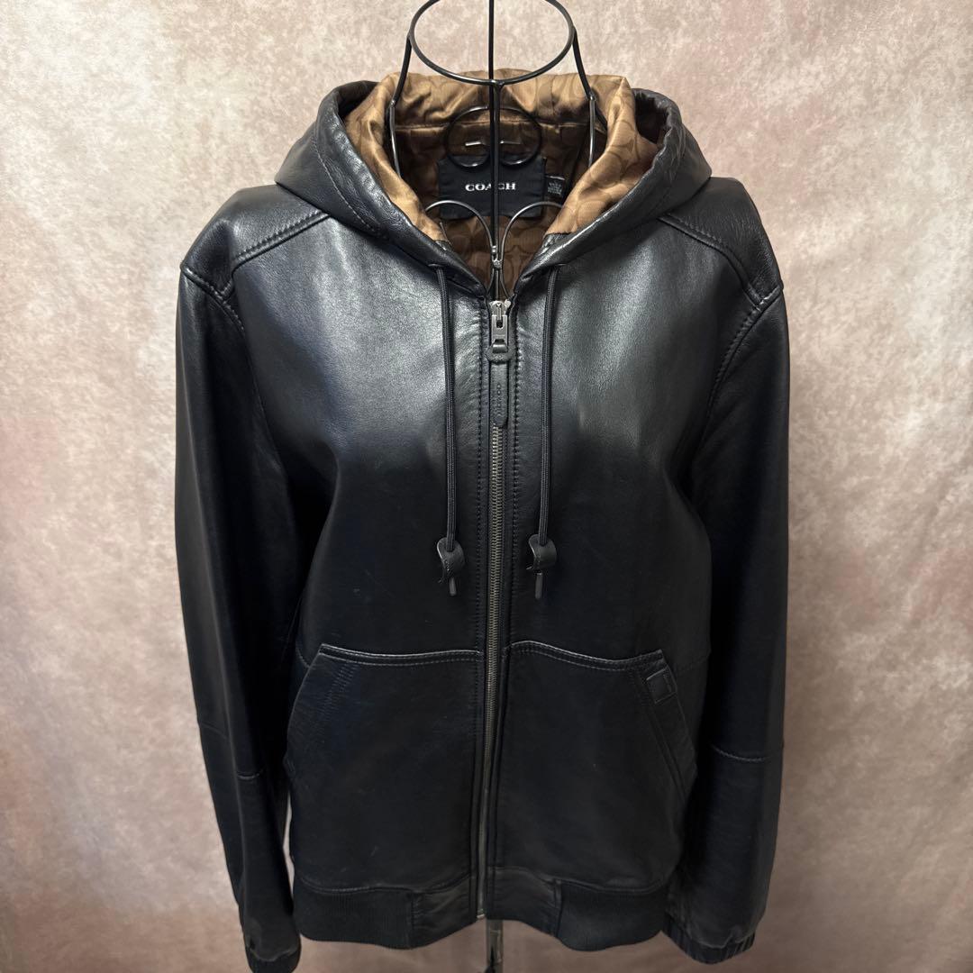 COACH レザーパーカー ラムレザー L フード付き ジップアップ ブラック