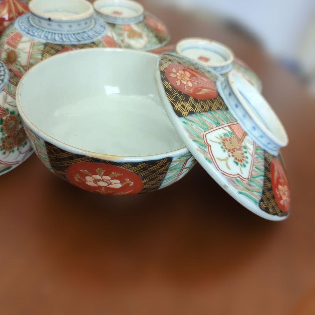 骨董　伊万里　蓋付き　お茶碗　碗　色絵　錦手　アンティーク　5つ〜