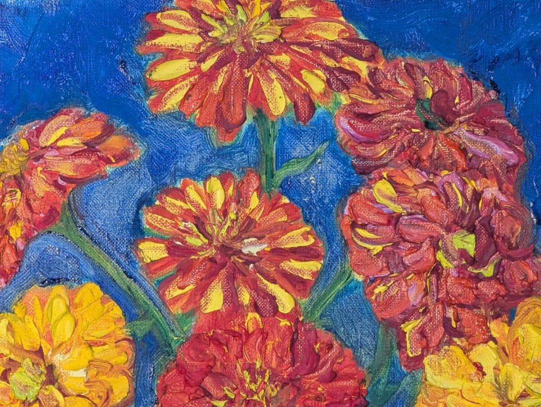 【真作】絵画　油彩4号　彩りの饗宴　花瓶に咲く華　鮮烈な赤と黄の花々　Y136