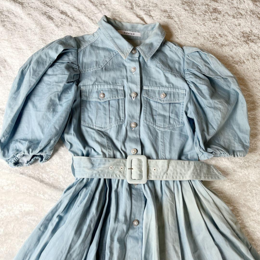 人気商品✨Estella.Kウォッシュデニム加工シャツロングワンピースパール青F