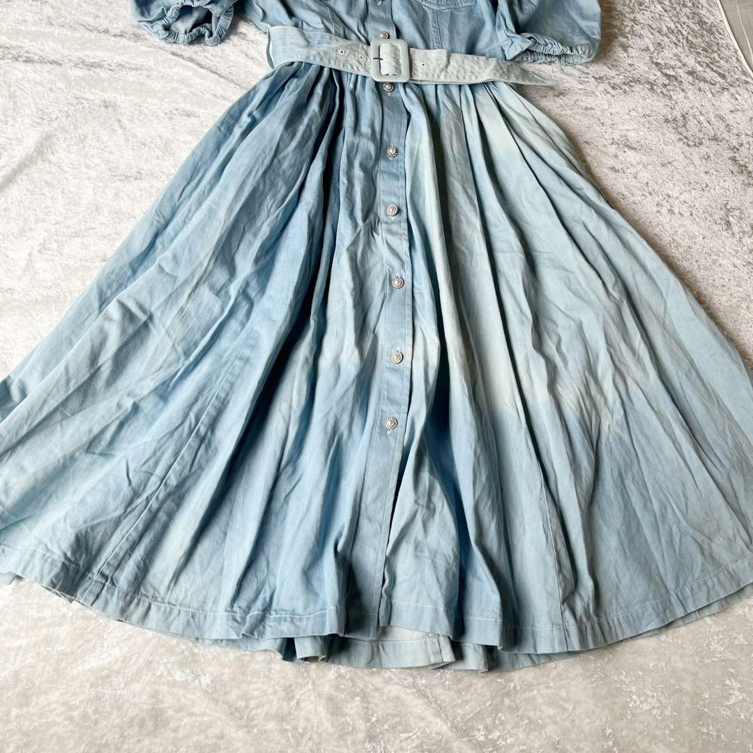 人気商品✨Estella.Kウォッシュデニム加工シャツロングワンピースパール青F