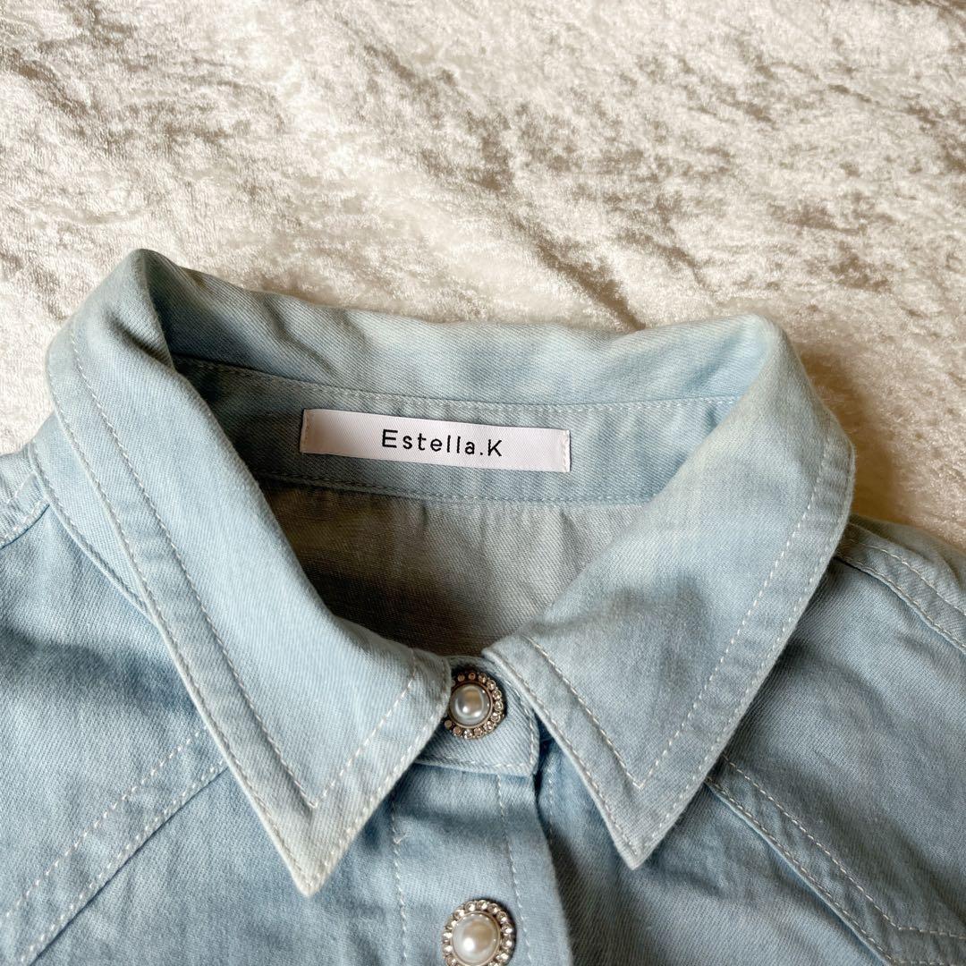 人気商品✨Estella.Kウォッシュデニム加工シャツロングワンピースパール青F