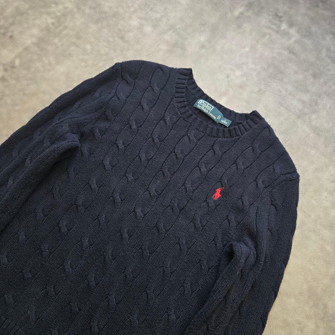00sビンテージ ラルフローレン ロゴ刺繍 コットン ケーブルニット S 紺