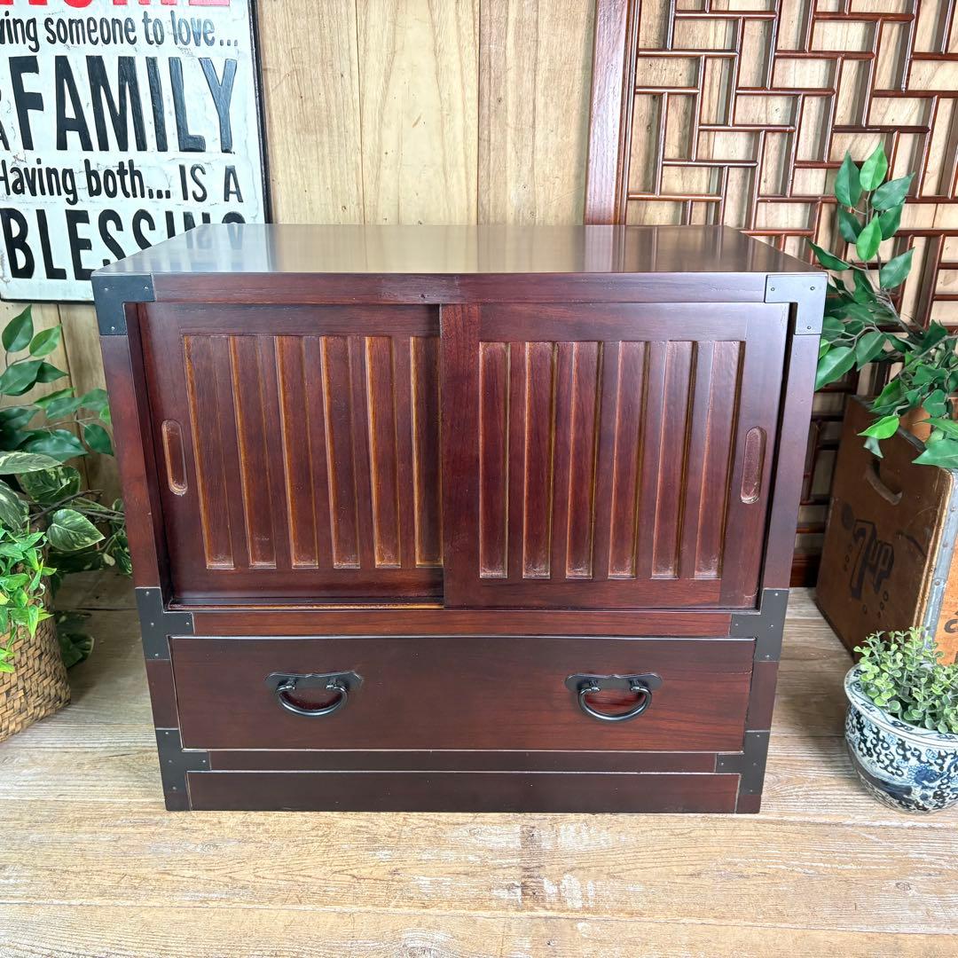 訳あり品！【81】民芸家具木製桐材無垢引き戸チェストタンス木製収納家具和室和風