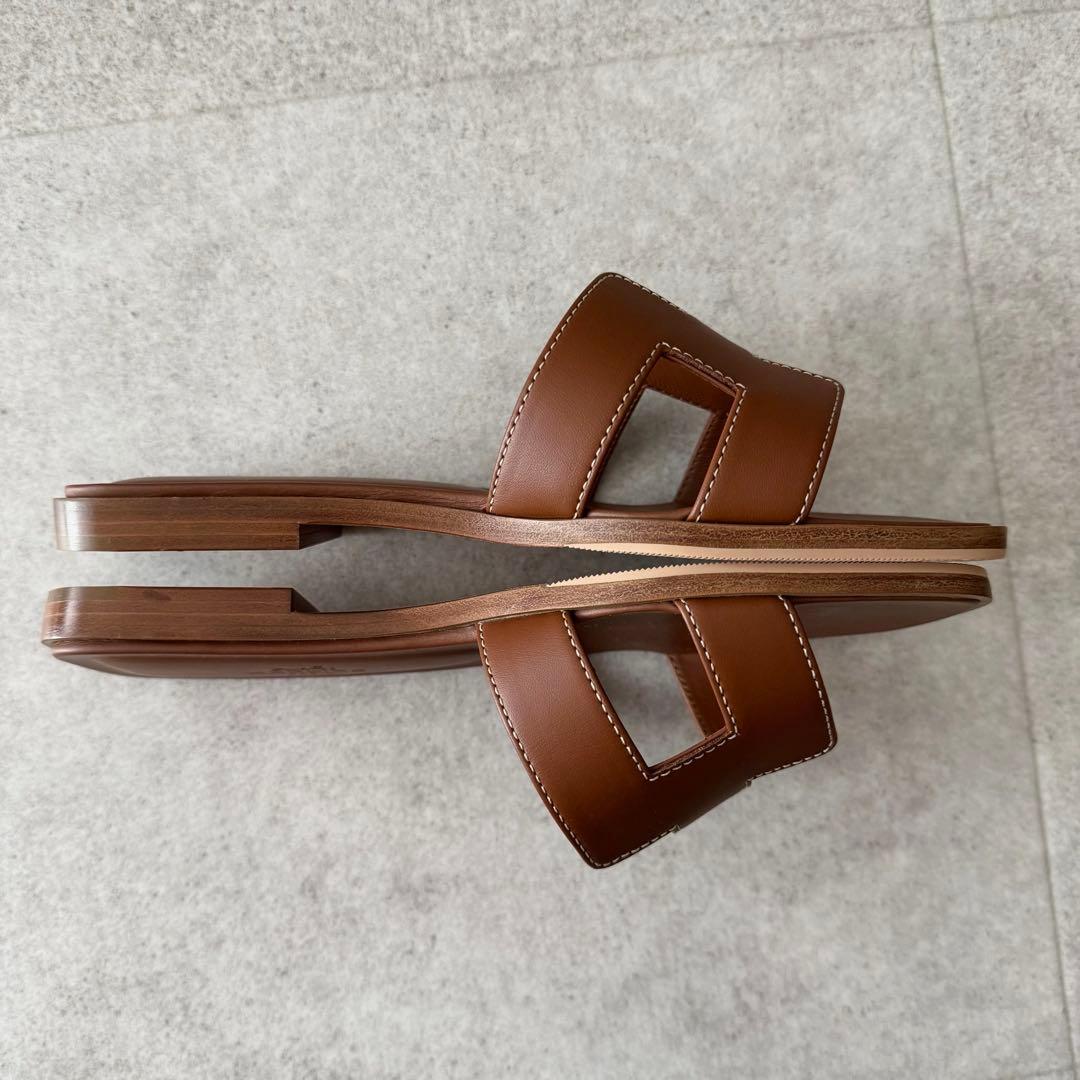 エルメス　オラン　サンダル　ロゴ　 ブラウン　茶色　34　レザー　極美品