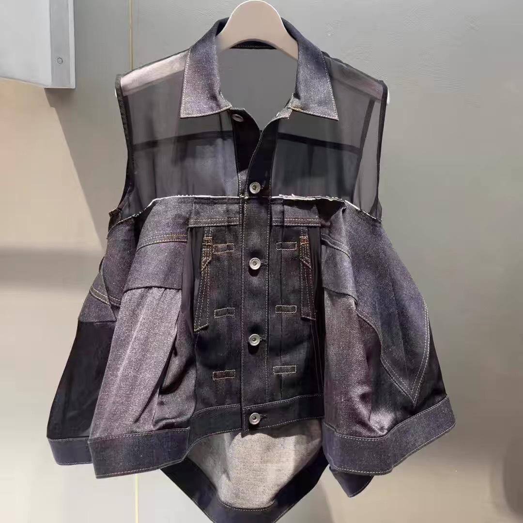 シースルー切り替えデニムノースリーブベスト デニムメッシュノースリーブジャケット