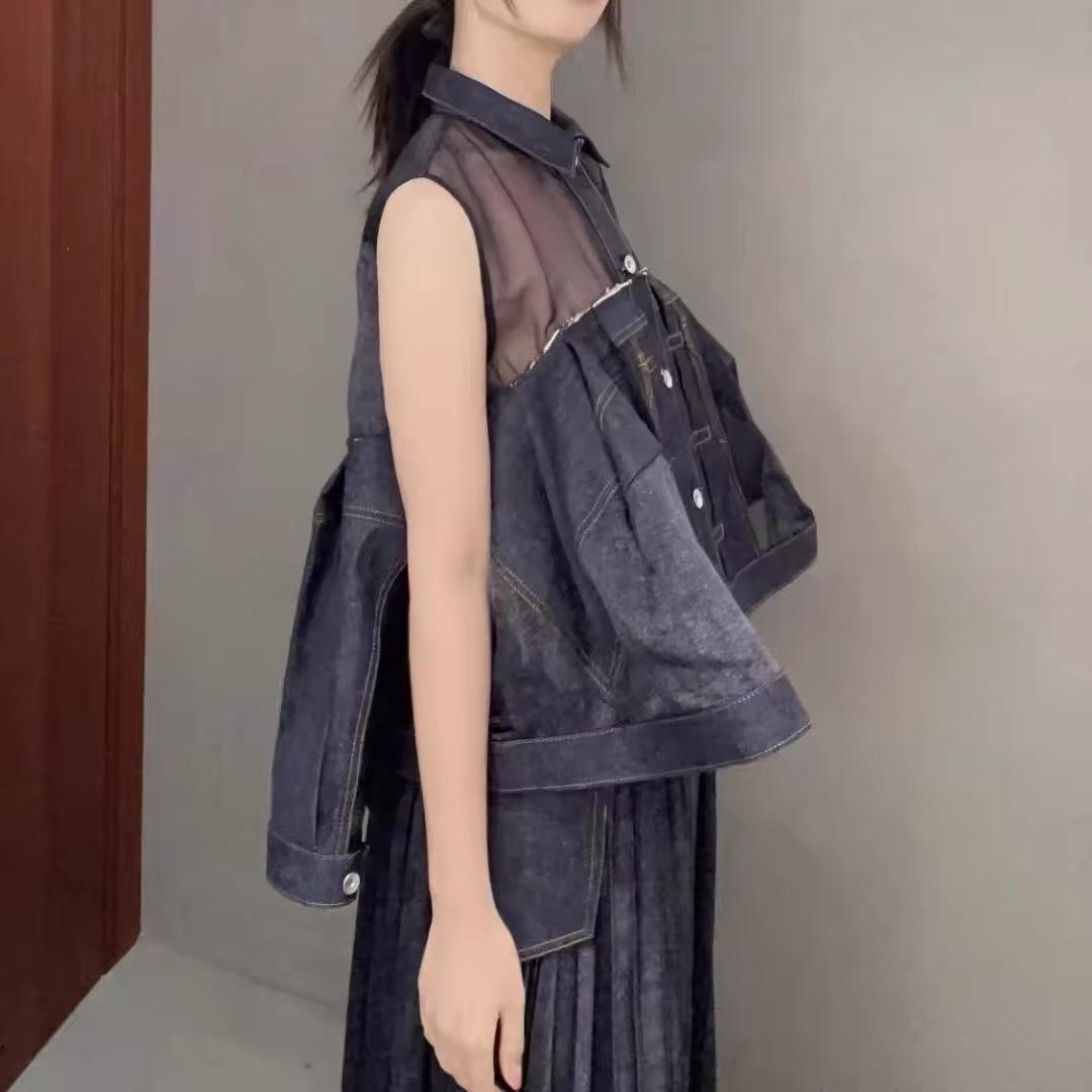 シースルー切り替えデニムノースリーブベスト デニムメッシュノースリーブジャケット