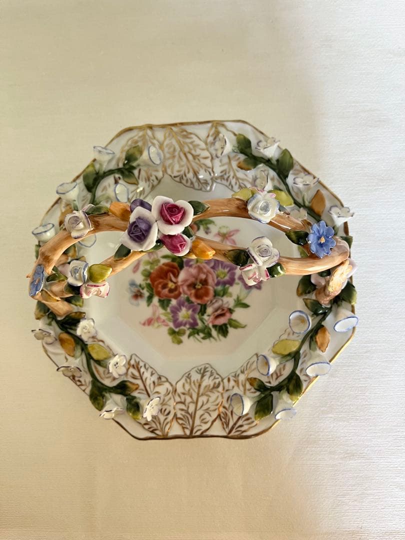 花柄装飾 八角形陶器バスケット