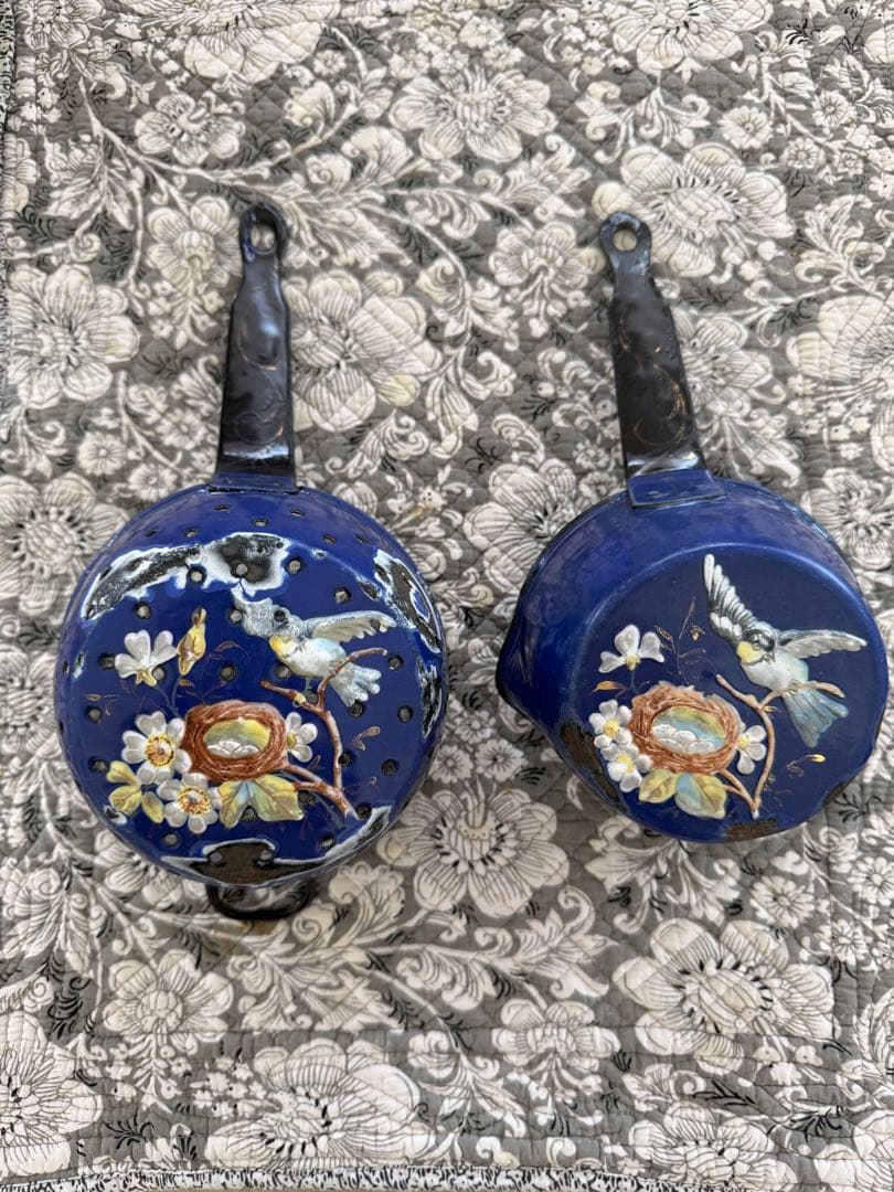 フランスアンティーク激レア小鳥の絵柄ハンドペイントのホーロースキマーと片手鍋