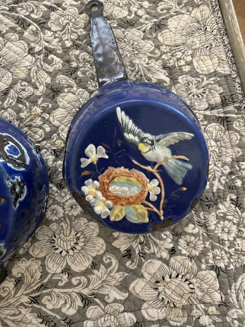 フランスアンティーク激レア小鳥の絵柄ハンドペイントのホーロースキマーと片手鍋