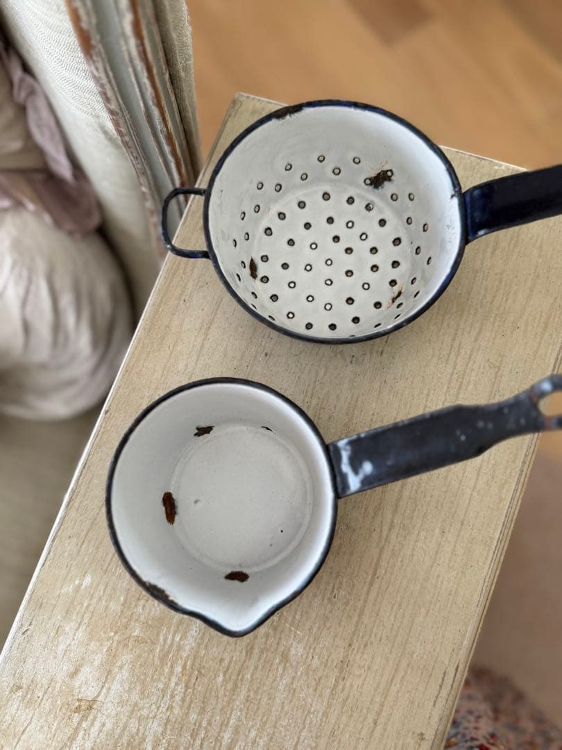 フランスアンティーク激レア小鳥の絵柄ハンドペイントのホーロースキマーと片手鍋