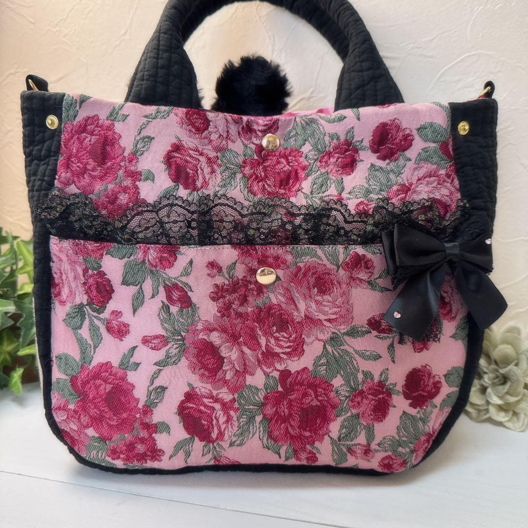 ゆ*ら様 コヤンイサムチョン♡ハチワレにゃんこの薔薇×ヌビポケット付きトートバッ