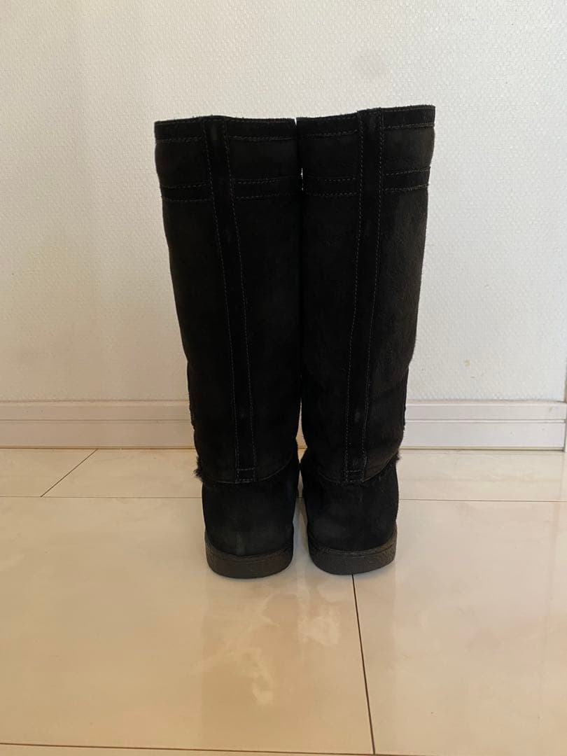 シャネル ムートン フラット ブーツ 黒 37 24cm ブラック CHANEL